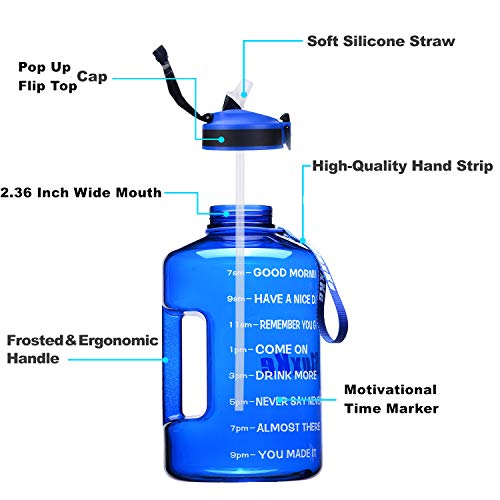 SLUXKE 1 Gallon Motivational Sports Water Bottle with Time Marker, BPA Free 128oz Leak Proof Jug, Black, Plastic, 128 ounces, Fitness, Sports, Outdoor Activities - color: Blue