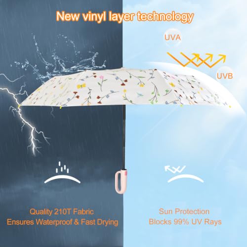 Cuby Travel Umbrella Compact Folding Auto Open and Close for Windproof, Rainproof & 99.9% UV Sun Protection Parasol with Black Anti-UV Coating - color: Beige Flower