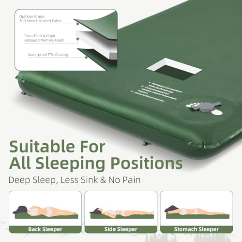 Wevelel Memory Sleeping Pad, 3.1" Ultra-Thick Foam Sleeping Mats for Camping, Easy Inflate&Deflate,9.5 R-Value Insulated Camping Mattress Pad with Pillow, for Car Travel Tent - color: Green