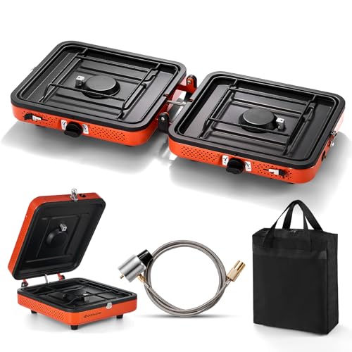 Odoland Portable 2 Burner Camping Stove Propane 17000 BTU/h Gas Stove Collapsible Backpacking Stove for Indoor Outdoor Cooking Hiking and Picnic