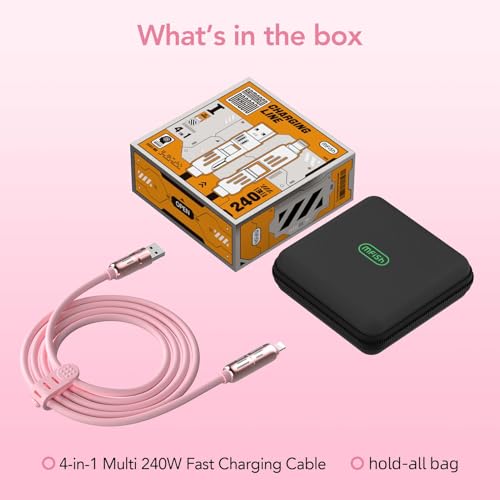 MFish 240W 4-in-1 Fast Charging Cable, Pink, 6.6FT | Carrying Case, USB-A & USB-C to USB-C/Lightning, For iPhone 17/16/15/14, MacBook, iPad, Laptop, Samsung S25/S24 - color: Pink, size: 6.6Ft