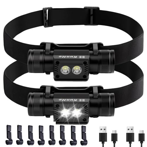 KunHe 2 Pack Rechargeable Headlamp Aluminum Alloy LED USB-C Headlight IP44 Waterproof Three Brightness Modes Suitable for Camping Hiking Hunting Maintenance and Dog Walking
