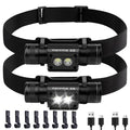 KunHe 2 Pack Rechargeable Headlamp Aluminum Alloy LED USB-C Headlight IP44 Waterproof Three Brightness Modes Suitable for Camping Hiking Hunting Maintenance and Dog Walking