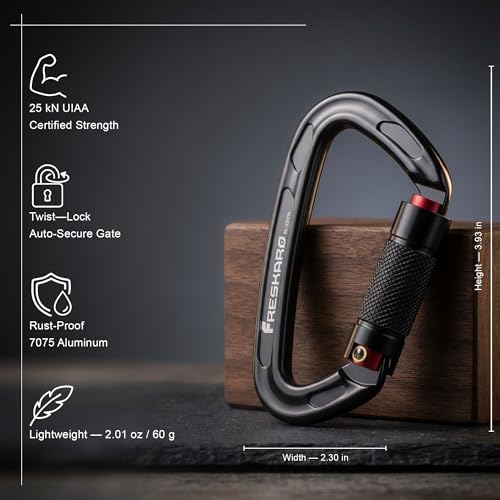 FresKaro UIAA Certified 25KN Auto Locking Climbing Carabiner Clips, Twist Lock, and Heavy Duty Carabiners for Rock Climbing, Rappelling, and Mountaineering, D Shaped - color: 3PCS-25KNA