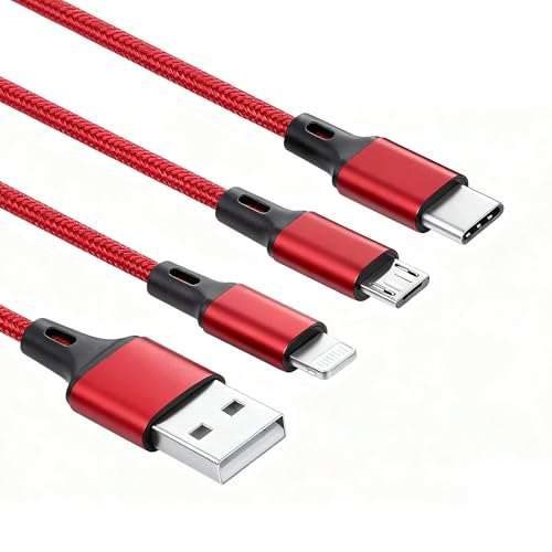 IFLASH MicroUSB/Type C Cable (3in1), 3 in 1 Multi USB Charging Short 8” Keychain Cord Compatible with Galaxy S10 S9 S8, iPhone 17 16 15 14 13 12 XS MAX XR 8 7 6 Plus (Red) - color: Lightning + TYPE C + Micro (red)