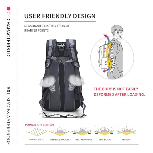 Bseash 50L Hiking Backpack, Water Resistant Lightweight Outdoor Sport Daypack Travel Bag for Camping Climbing Skiing Cycling (Army Green - With Shoe Compartment) - color: Army Green - With Shoe Compartment