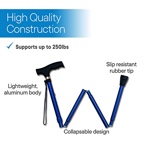 RMS Folding Cane, Adjustable, Lightweight Offset Walking Cane | Aluminum Collapsible Walking Stick with Ergonomic Derby Handle, cane folds for travel and storage - color: Blue
