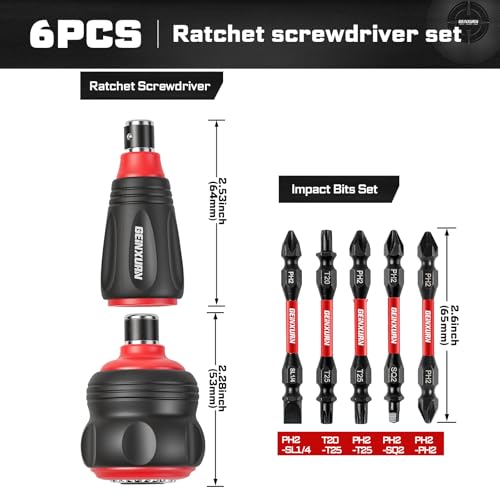 Geinxurn 6 Pieces Screwdriver Set Include Stubby 2in1 Rachet Screwdriver Handle and Impact Double End Screwdriver Bit(PH2/T20/T25/SQ2/SL1/4), Hand Tools Set for Repair & Outdoor Work - style: 6pcs