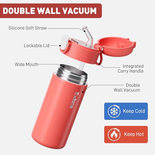 Exllena 10oz Small Insulated Water Bottle with One-Touch Soft Straw Lid, Double-Wall Vacuum Small Travel Water Bottle for Cold&Hot Drinks–Leak-Proof, Mini Flask for Handbag, Yoga, Sport(Coral Red) - color: Coral Red