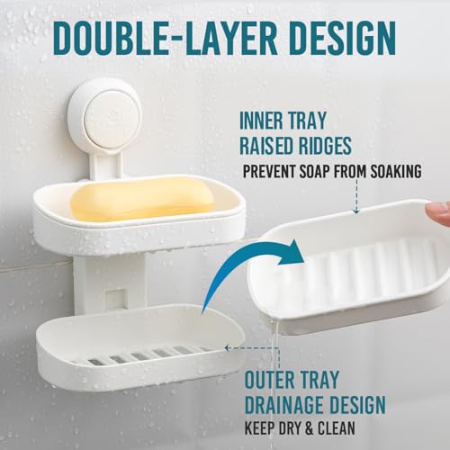 TAILI Double Layer Soap Dish Suction Cup Soap Holder, Strong Sponge Holder for Shower, Bathroom, Tub and Kitchen Sink, Drill-Free, Removable (Pack of 2) - color: White, size: 5.8" * 3.7" 2 Tier (Pack of 2)