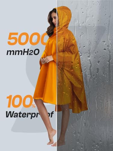 SaphiRose Adult Rain Poncho Waterproof Hooded Zipper Raincoat with Pockets - color: Orange