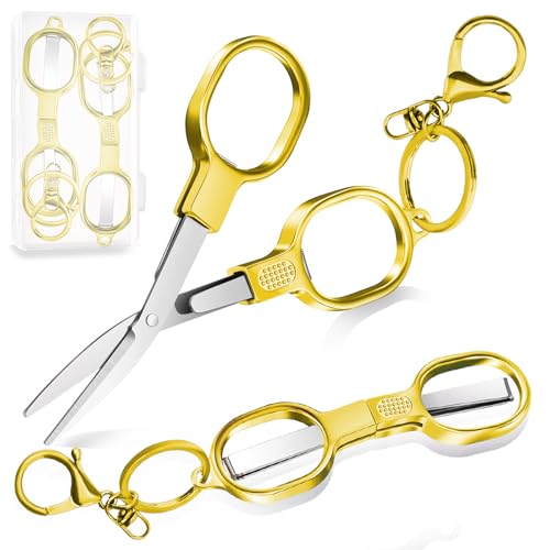 2 PCS Stainless Steel Mini Folding Scissors, Safety Pocket-Sized Multipurpose Scissors with Keychains for Travel, Home, Office, Crafts, Sewing & Nurse Accessories (Gold) - color: Gold