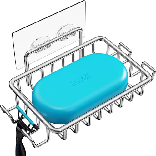 Nieifi Bar Soap Holder for Shower Wall, Adhesive Soap Dish for Bathroom | Stainless steel, razor holder, 4 hooks, soap dish for shower, wall mounted, soap caddy, sponge holder, rustproof, silver - color: A-silver, size: 1 Pack