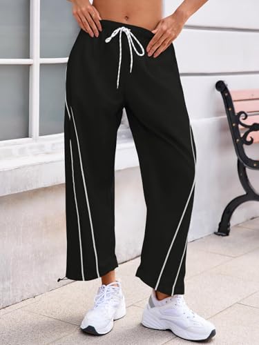 Fisoew Womens Baggy Wide Leg Casual Elastic Waist Cropped Pants - color: Black, size: Medium