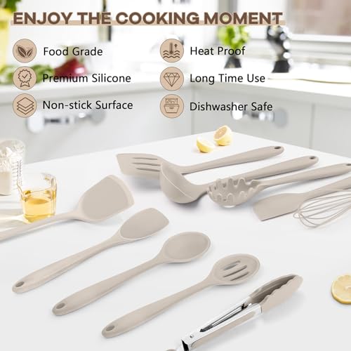 TeamFar Silicone Cooking Utensils, 10 pcs Kitchen Cooking Utensils Set | Heat Resistant Kitchen Gadgets Tools Set w/Spatula, Turners, Spoons, Soup Ladle, Pasta Server for Nonstick Cookware, Khaki - color: Khaki