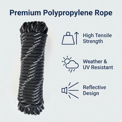 3/8 in × 100 ft Reflective Black Diamond Braided Polypropylene Rope with Non-Woven Core, Multi-Purpose Utility Cord for Clothesline, Camping, Outdoor, DIY, and Home Use (2 Pack, 50ft Each) - size: 3/8" x 100FT, style: Reflective Black