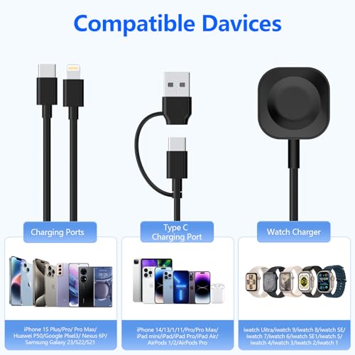 6in1 Multi Charging Cable for Apple Watch Charger, 10FT USB A/C Fast Charging Cord Cable Compatible with iWatch Ultra/SE/9/8/7/6/5/4/3 & iPhone 15/14/13/12/11/Galaxy, Black Universal Travel Charger - color: Black