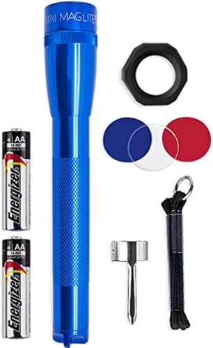 MagLite Mini MAG 2 AA LED Flashlight – 127 Lumens Compact Flashlight with Adjustable Beam, High/Low Modes, IPX4 Water-Resistant, Shock-Resistant Design, Alkaline Batteries Included (Combo Pack, Blue) - color: Blue