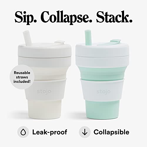 STOJO Collapsible Travel Cup Gift Set With Straw - 2-Pack, Mint Green & Quartz White, 16oz / 470ml - Reusable To-Go Pocket Size Silicone Cup for Hot and Cold Drinks - Microwave & Dishwasher Safe