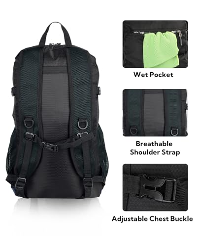 WATERFLY Lightweight Packable Hiking Backpack, 30L Day Pack | Foldable, Water Resistant Travel Daypack with Multiple Pockets, Wet Pocket, Ultralight Day Pack for Woman Man, Everyday Carry - color: Black & Grey