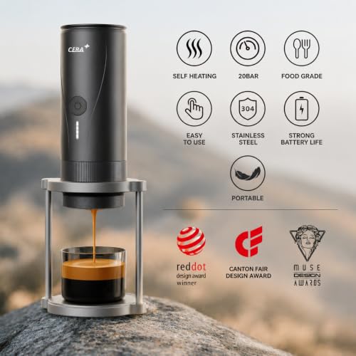 CERA+ PCM04A Portable Espresso Maker with 51mm Professional Basket | Self-Heating Electric Espresso Machine for Ground Coffee, 20 Bar Extraction for Camping, Hiking & Office (Not for NS Pods)