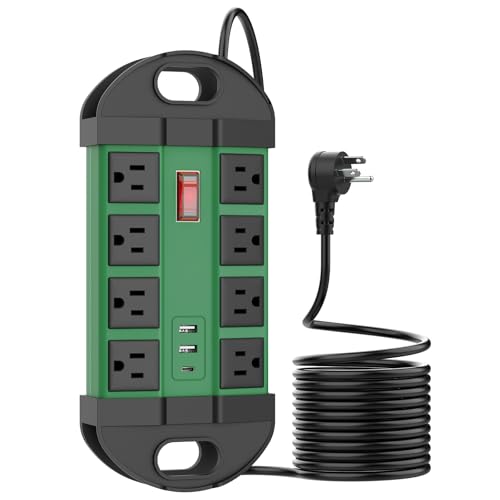 HHSOET Outdoor Weatherproof 8 Outlet Power Strip, IPX6, Green, 15FT | Outdoor Power Strip, IPX6 Waterproof Surge Protector, 2 USB-A 1 USB-C Ports, for Outdoor Patio Garden Porch Garage - color: Green, size: 15ft