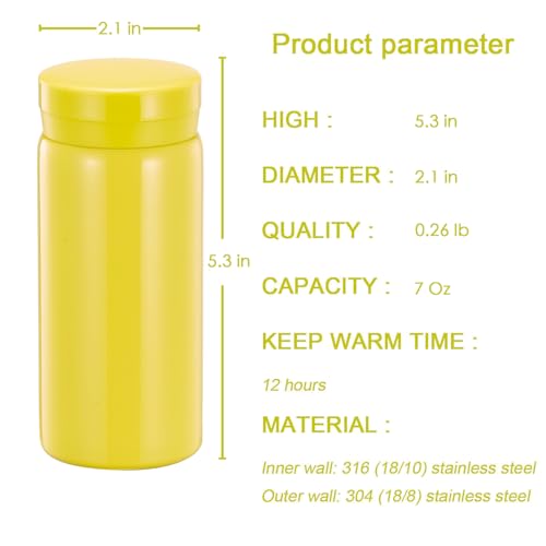 Mini Thermos Cute Water Bottle - 7 oz Tiny Insulated Vacuum 18/10 Stainless Steel Small Flask - Leak Proof & Spill Proof & Keeps Cold and Hot for Drink, Coffee, Tea - Yellow - color: Yellow, size: 6.8 Ounces