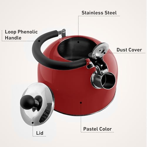 Lily's Home 2 Quart Stainless Steel Whistling Tea Kettle, the Perfect Stovetop Tea and Water Boilers for Your Home, Dorm, Condo or Apartment. Red - color: Red(2 Quarts)
