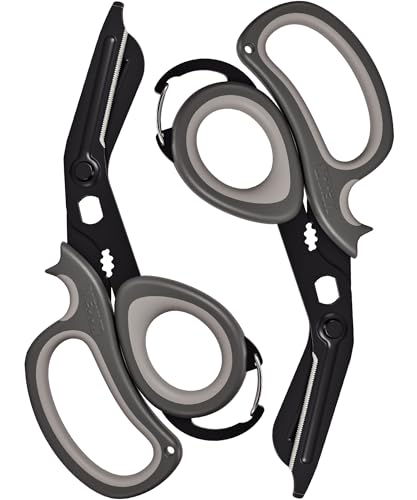 MEUUT All Purpose Scissors 2 Packs with Carabiner for Kitchen Outdoor | 7.5-inch heavy duty all purpose, Ambidextrous, micro-serrated stainless steel blades, integrated O2 wrench, soft rubber grip - color: Grey+grey