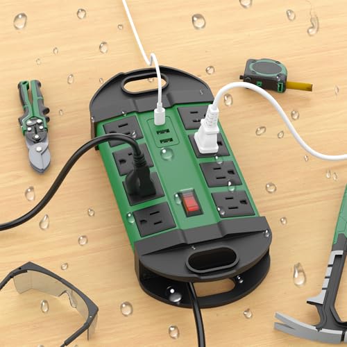 HHSOET Outdoor Weatherproof 8 Outlet Power Strip, IPX6, Green, 15FT | Outdoor Power Strip, IPX6 Waterproof Surge Protector, 2 USB-A 1 USB-C Ports, for Outdoor Patio Garden Porch Garage - color: Green, size: 15ft