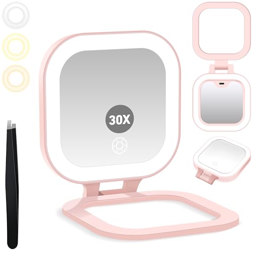 GOMIPURU Travel Mirror with Light, 1x/30x Magnifying Mirror with 3 Color Lights and Adjustable Brightness, 4.5x3.9 inch Small Compact Hangable Hand Pocket 3 Way Mirrors, Comes with Tweezer - color: Pink