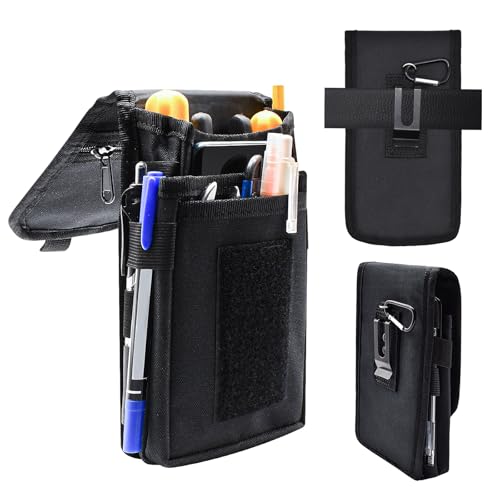 Belt Tool Pouch, Tactical Utility Organizer with Cell Phone Holder, Durable Heavy-Duty 1000D Nylon EDC Multitool Holster with Multi-Pockets for Electricians, Handymen, Work, Hiking - color: Black