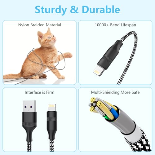 16FT Extra Long USB A to Lightning Charger Cable for iPhone,Apple MFi Certified Charger Cord, 5M Fast Charging Nylon Braided Charge Cord for iPhone 14 Pro Max/14/13Pro/12/11/X/XS/XR/8/7/6/iPad-Black - color: Black