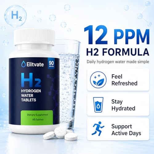 Hydrogen Water Tablets with Magnesium, 12 PPM Molecular H2 Tabs, 90 Count | Fast dissolving effervescent tablets, hydrogen rich water in 60 seconds, hydration tablets, lightly tart, 80 mg magnesium