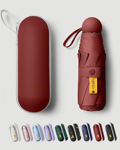 Compact Travel Umbrella - 7.5 in Folded, Lightweight Pocket Size with Case - color: Burgundy