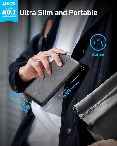 Anker Power Bank, 10,000mAh Portable Charger, PowerIQ USB-C Battery Pack | 5V / 3A High-Speed Charging, for iPhone, iPad, and More, Ultra-Compact Travel-Ready Design (Black) - color: Black