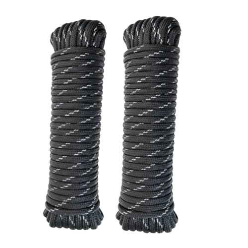 1/4 in × 100 ft Reflective Black Diamond Braided Polypropylene Rope with Non-Woven Core, Multi-Purpose Utility Cord for Clothesline, Camping, Outdoor, DIY, and Home Use (2 Pack, 50ft Each) - size: 1/4" x 100FT, style: Reflective Black