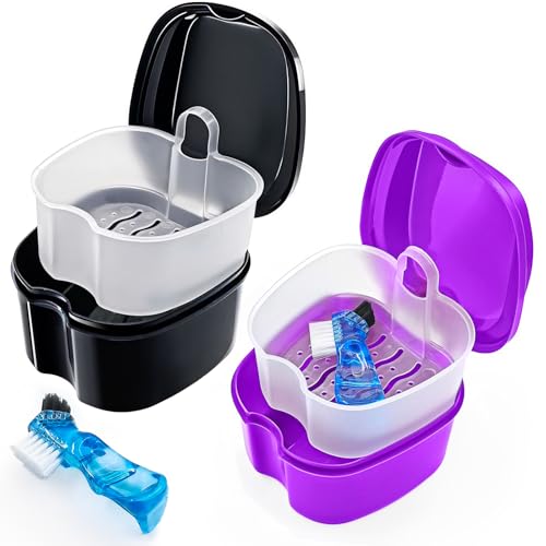2 Pack Travel Denture Bath Case Set Orthodontic Dental Box Case with Brush, Denture Soaking Cup False Teeth Retainer Container for Clear Braces, Mouth Guard, Night Guard - color: Black & Purple