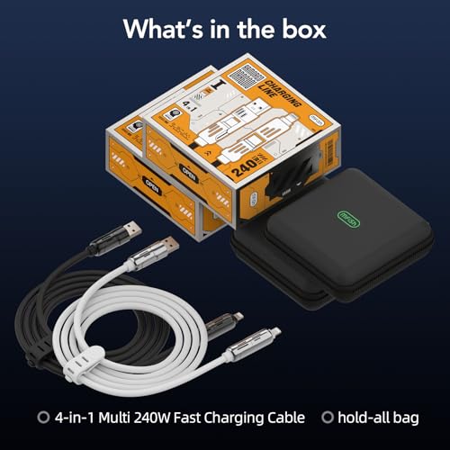MFish 2-Pack 240W 4-in-1 Multi Charging Cable, Black+White, 6.6FT | Carrying Case, USB-A & USB-C to USB-C/Lightning, For iPhone 17/16/15/14, MacBook, iPad, Laptop, Samsung S25/S24 - color: Black+White, size: 2-Pack 6.6FT