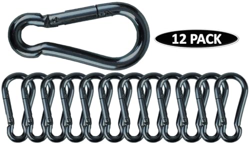 Black & Silver Zinc-Galvanized Heavy Duty Bushcraft Carabiner Spring Snap Clip Link Hooks 200-500lb Load 2, 6 & 12 Packs - color: 5cm (2.0in) Black 12 Pack