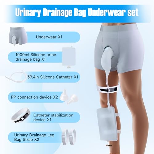 External Catheter for Men, Wearable Kit with 1000mL Urine Bag | 39.4 in silicone tube with two adjustable straps and a separate stabilizer - size: L