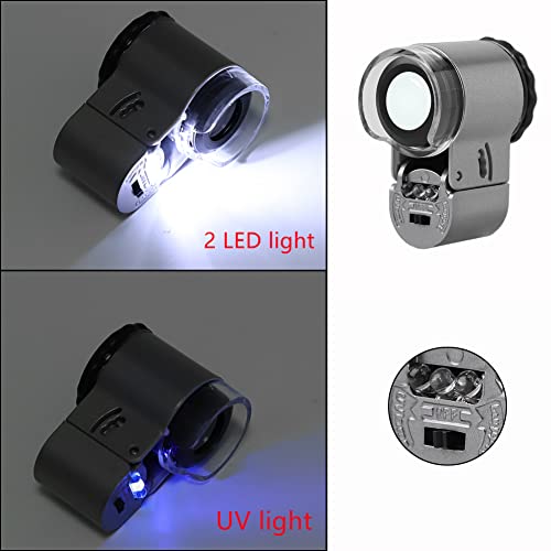50X/60X Jewelry Loupe Mini Pocket Magnifier Portable Microscope Magnifying Glass with LED UV Lights Jewelers Loupe Magification for Jewelry Diamond Coins Stamps Antiques Currency Detecting