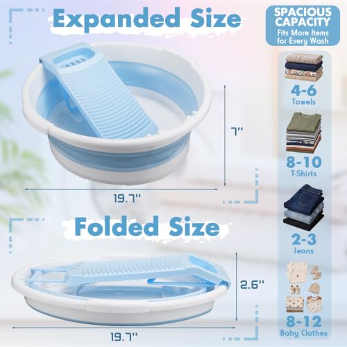 Lounsweer Large Collapsible Washboard Basin for Hand Washing Clothes with 2 Cleaning Brushes Portable Folding Laundry Tub with Non-Slip Washtub for Home Travel Camping (Blue) - color: Blue