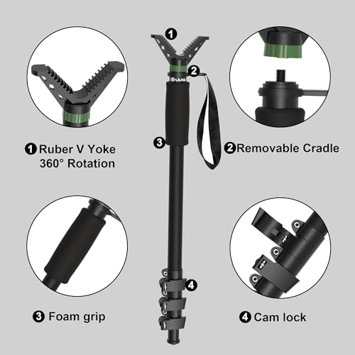 UUQ M4 Carbon Fiber Monopod Shooting Stick and Gun/Rifle Rest, 4-Section Adjustable Height, Durable and Lightweight Versatile Trekking Pole, Portable Compact for Hunting, w/Spike Foot