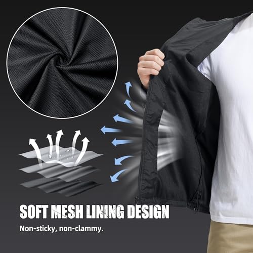 ZITY Mens Rain Jacket with Lining Waterproof Lightweight Rain Coats Packable Hooded Windbreaker for Hiking Golf Cycling - color: Black, size: Small