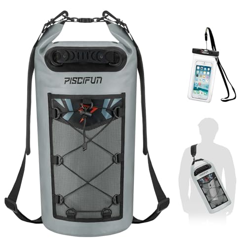Piscifun Dry Bag, Waterproof Floating Backpack 10L/20L/30L/40L | Waterproof Phone Case, Adjustable shoulder straps, Roll-top closure keeps gear dry, Ideal for Boating, Kayaking, Fishing - color: Grey, style: 20l