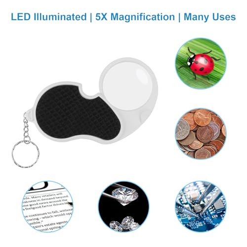 Rongon 5X Magnifying Glasses with Light, Keychain Pocket Folding Magnifier | Keychain loop pocket handheld folded magnifier jeweler loupe for reading hobby travel stamp jewelry inspection (4PCS) - color: Black-4pcs