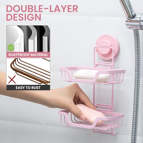 TAILI Soap Holder, Soap Dish Suction Cup with Hooks,Stainless Steel,2 Layer | Soap Dish for Shower, Bathroom Bar soap holder Shower Wall, Stainless Steel Sponge Holder for Tub Kitchen, Pink - color: Pink