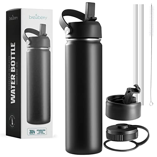 22 oz Insulated Water Bottle with Straw Lid, Stainless Steel - color: Midnight Black, size: 22 Ounces
