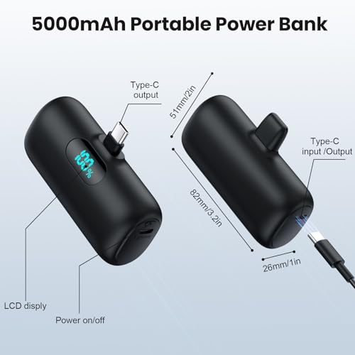 Mini Portable Charger USB C Power Bank,Upgraded 5000mAh PD Fast Charging Battery Pack Built-in USB-C Connector Travel Essential for iPhone17/17Pro/17Pro Max/Air/16 Plus/16Pro Max/15 Series,Android - color: Black
